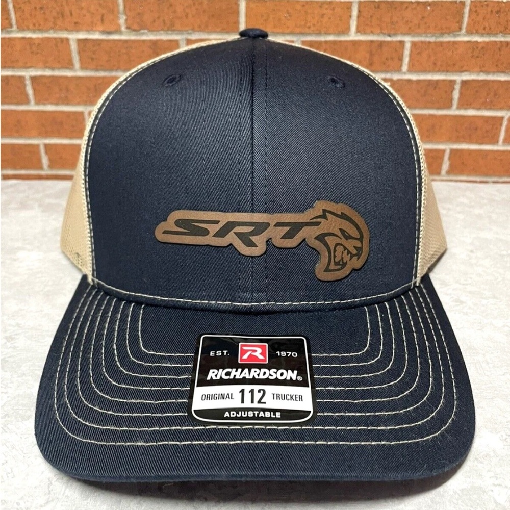 Richardson 112 SRT Leatherette Patch Trucker Hat Hellcat Hat Navy/Khaki